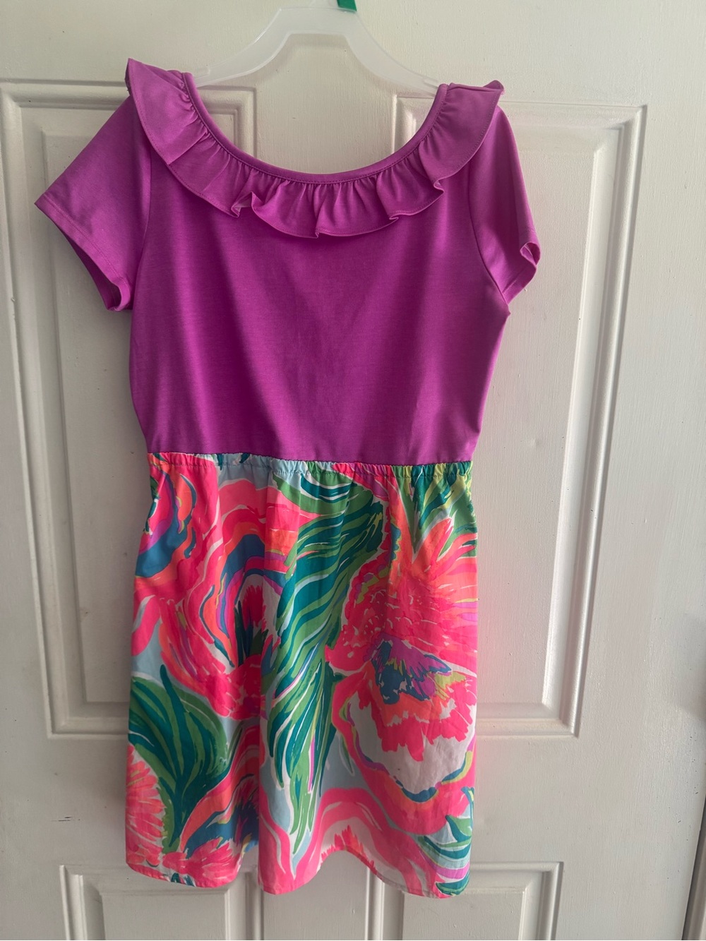Lilly Pulitzer Girls XL Purple Floral Fit & Flare Dress Scoop Neck Ruffle